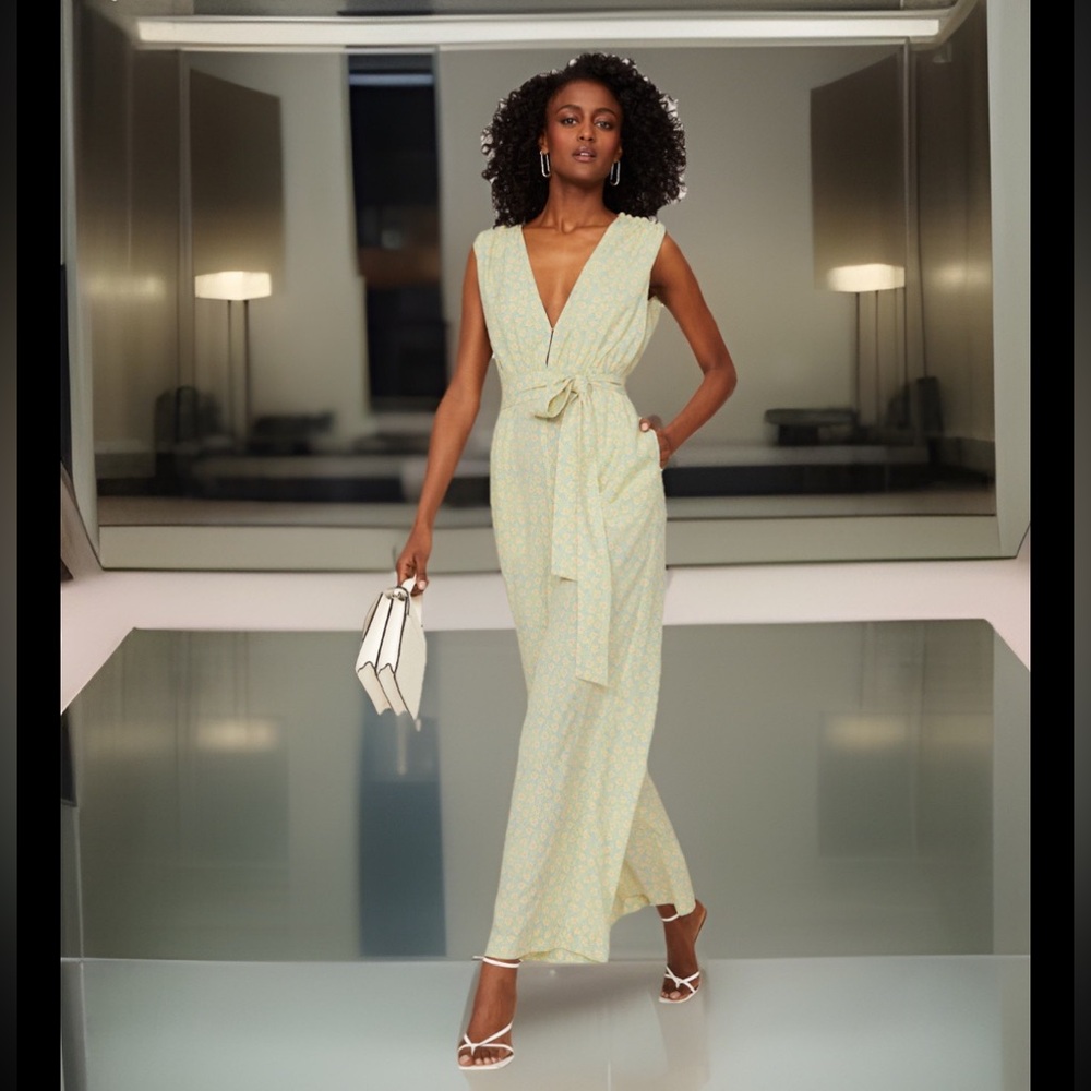 Derek Lam Leaf Plunge Jumpsuit Plunge Neck Line W/Belt & Breezy Wide Legs